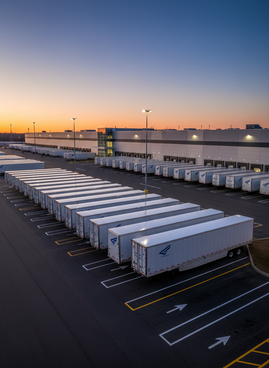 A modern distribution yard at dusk with several 53-foot dry van trailers neatly lined up in parallel bays, each trailer clean, well-maintained, and identical in design. The asphalt is freshly striped, with reflective paint glinting under tall, cool-white LED yard lights. In the background, a large warehouse facade with open dock doors suggests active loading operations, but no people are visible. The sky transitions from deep blue to amber near the horizon, adding a calm, corporate atmosphere. Photographic realism with an eye-level, wide-angle composition captures the entire scene, showcasing organized, scalable truckload capacity and a professional, safety-focused operation.