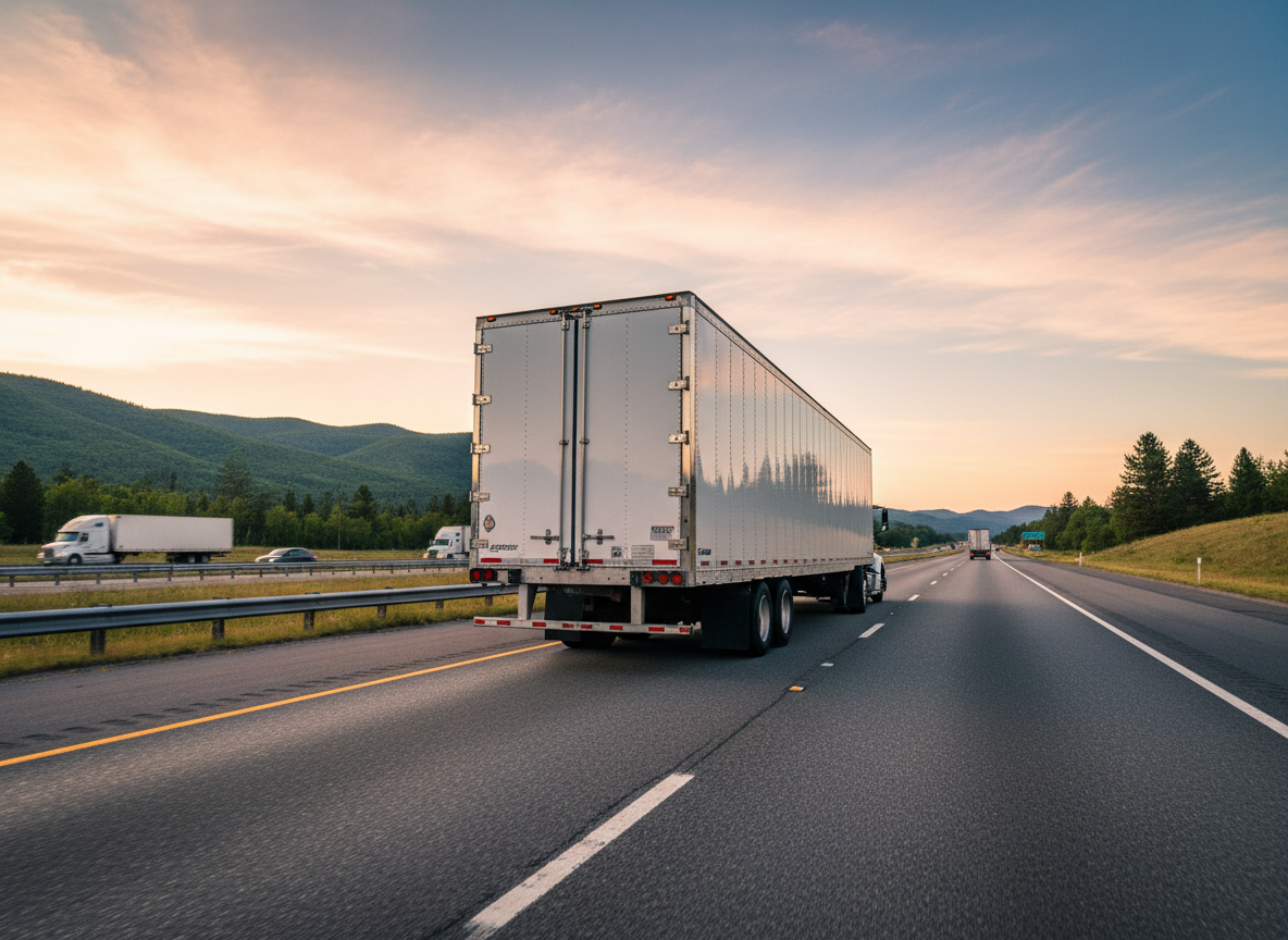 A gleaming 53-foot dry van trailer in pristine white, prominently positioned in the center of an expansive interstate highway scene. The trailer’s smooth metal sides catch the soft golden hour sunlight, creating clean reflections and subtle gradients. Surrounding it, multiple lanes stretch into the distance with green, mountainous terrain and a wide open sky suggesting coverage across all 50 states. The road markings are crisp and the asphalt texture is clearly visible. Photographic realism, shot from a slightly low, three-quarter angle to emphasize scale and reliability, with sharp focus throughout. The mood is confident and professional, evoking nationwide full truckload capacity and dependable interstate service.
